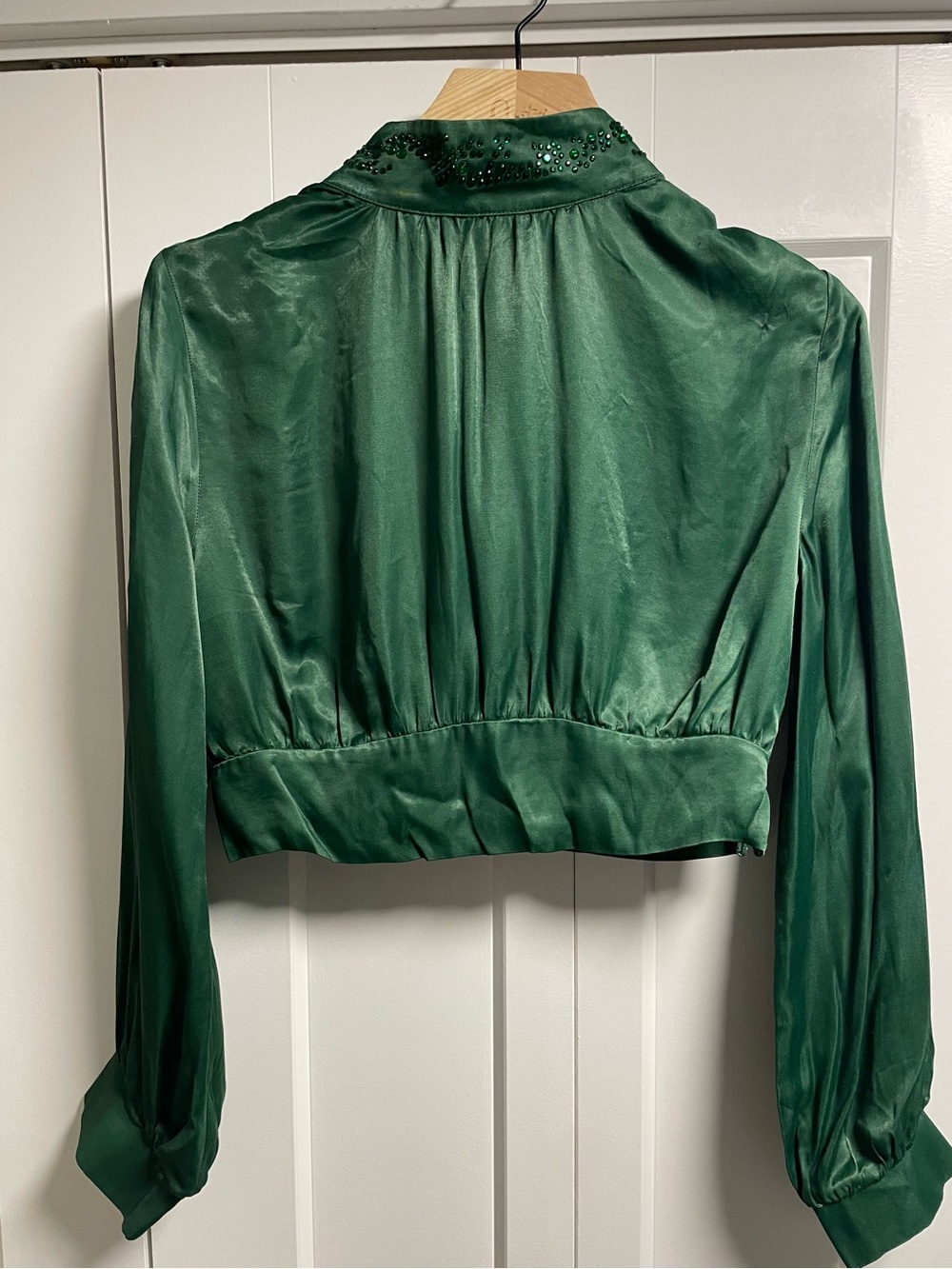 Zara Beaded Satun High Neck Long Sleeve Cropped Blouse Emerald Green Medium
